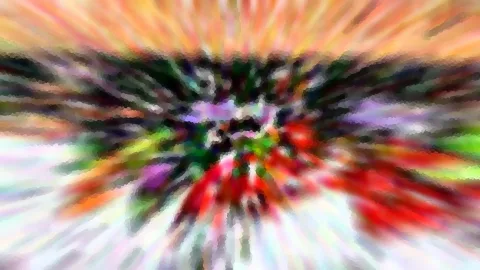 Abstrakte, radial verwischte Komposition aus Rot, Grün, Violett und Orange, die von einem dunklen Zentrum nach außen strahlt.