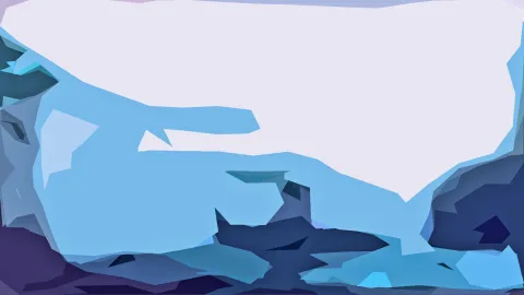 Abstrakte Komposition aus blauen und weißen Dreiecksflächen, oben eine große helle Fläche, unten dunkle Schatten.
