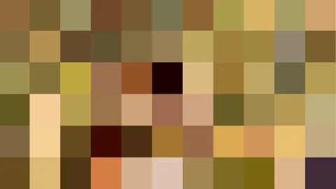 Pixelmosaik aus rechteckigen Blöcken in Braun, Ocker, Oliv und Beige, dazwischen vereinzelt dunkle Rottöne und ein violett-dunkler Block unten rechts.