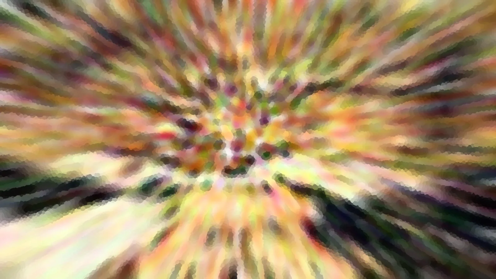 Abstrakte Komposition aus bunten Farbstreifen, die radial von einem hellen Zentrum nach außen laufen und mosaikartig gepixelt wirken.