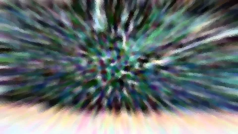 Abstrakte Komposition aus bunten, radial von der Mitte nach außen laufenden Streifen in Grün, Blau, Violett und Weiß, unten in helles Pastell übergehend.