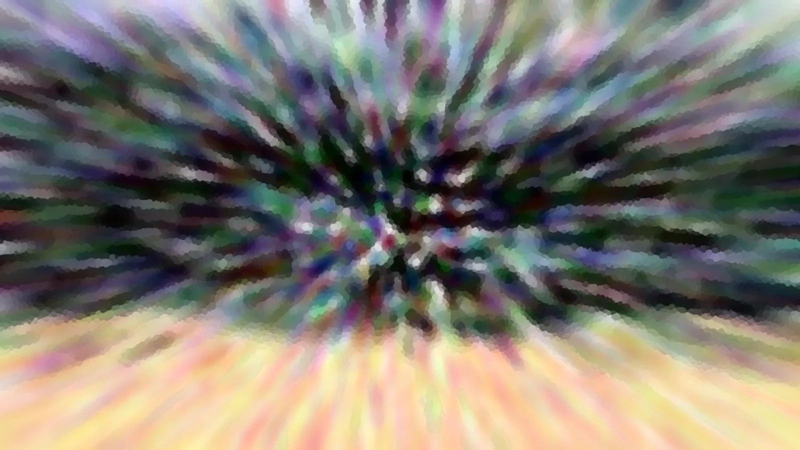 Abstrakte Komposition aus radial von einem dunklen Zentrum ausstrahlenden, bunten Streifen in Grün, Violett und Weiß, unten in Gelb und Orange übergehend.