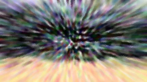 Abstrakte Komposition aus radial von einem dunklen Zentrum ausstrahlenden, bunten Streifen in Grün, Violett und Weiß, unten in Gelb und Orange übergehend.