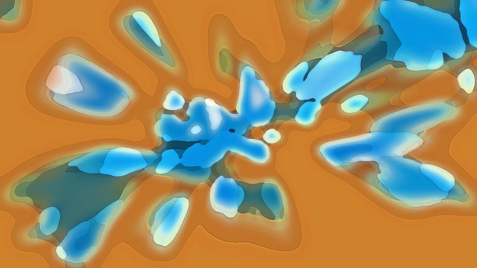 Abstrakte Komposition aus glänzenden, blauen Tropfenformen auf einem warmen orangefarbenen Hintergrund.