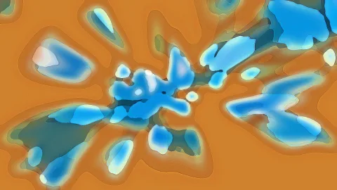 Abstrakte Komposition aus glänzenden, blauen Tropfenformen auf einem warmen orangefarbenen Hintergrund.