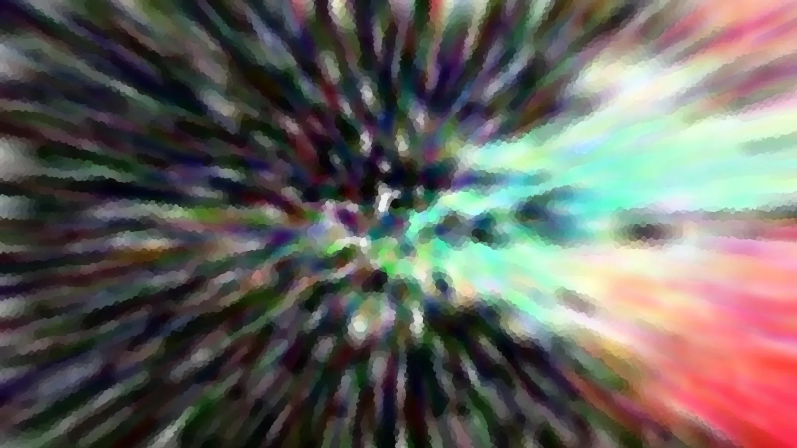 Abstrakte Komposition aus farbigen Streifen, die von der Mitte radial nach außen laufen, in Grün, Violett, Weiß und Rot.