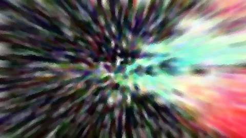 Abstrakte Komposition aus farbigen Streifen, die von der Mitte radial nach außen laufen, in Grün, Violett, Weiß und Rot.