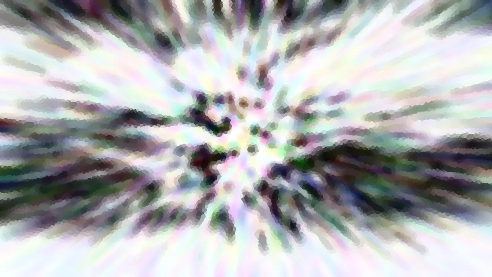 Abstrakte Komposition aus radial von der Mitte nach außen laufenden, verwischten Streifen in Weiß, Pastelltönen und dunklen Flecken, mosaikartig gepixelt.