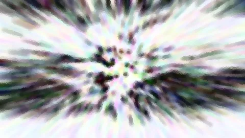 Abstrakte Komposition aus radial von der Mitte nach außen laufenden, verwischten Streifen in Weiß, Pastelltönen und dunklen Flecken, mosaikartig gepixelt.