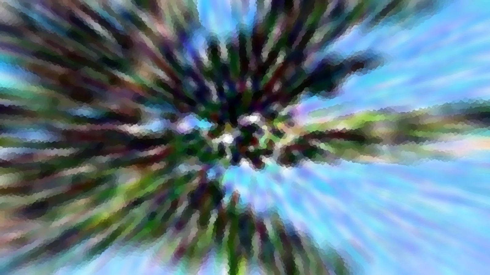 Abstrakte Komposition mit radial von einem Zentrum ausstrahlenden, verwischten Streifen in Grün, Blau und Violett vor hellblauem Hintergrund.