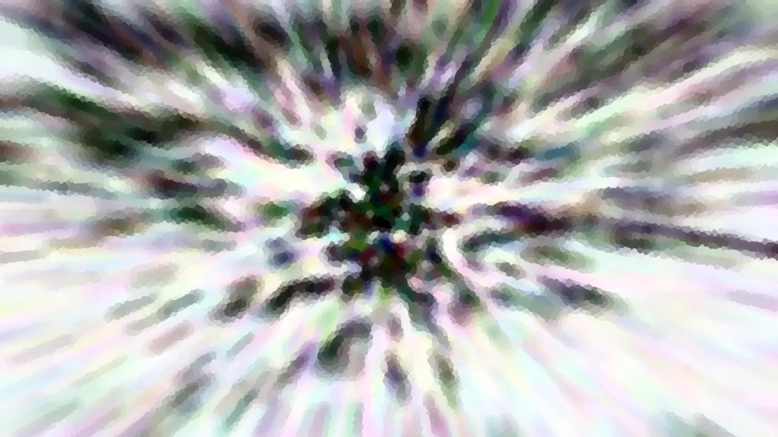Abstrakte Komposition mit radial von einem dunklen Zentrum nach außen laufenden Streifen in Grün, Violett und Weiß, mosaikartig gepixelt.