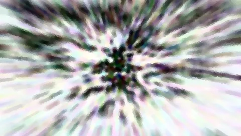 Abstrakte Komposition mit radial von einem dunklen Zentrum nach außen laufenden Streifen in Grün, Violett und Weiß, mosaikartig gepixelt.
