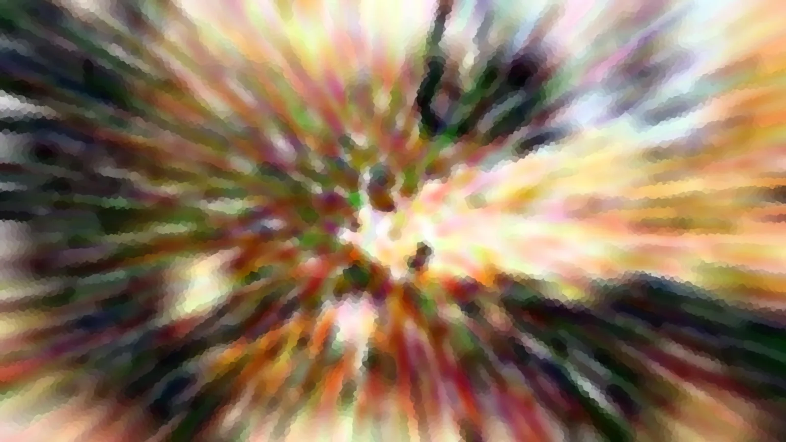 Abstrakte Komposition aus bunten Farbstrahlen in Orange, Grün, Gelb und Rosa, die von einem hellen Zentrum nach außen laufen, grob gerastert wie ein Mosaik.