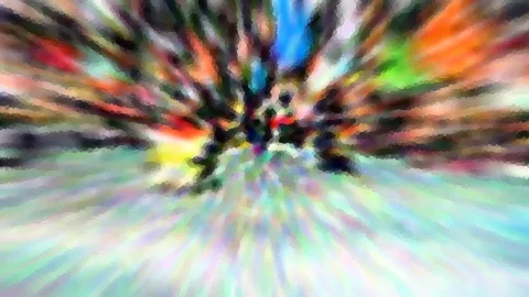 Abstrakte Komposition aus bunten Farbstreifen, die von einem zentralen Punkt radial nach außen strahlen, oben in Rot, Orange, Blau und Grün, unten in hellen Pastelltönen.
