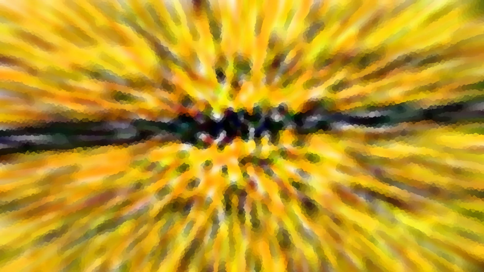 Abstrakte Komposition aus gelben und orangefarbenen Strahlen, die von einem dunklen, horizontalen Streifen in der Bildmitte nach außen laufen. Das Bild wirkt pixelig und verwischt.