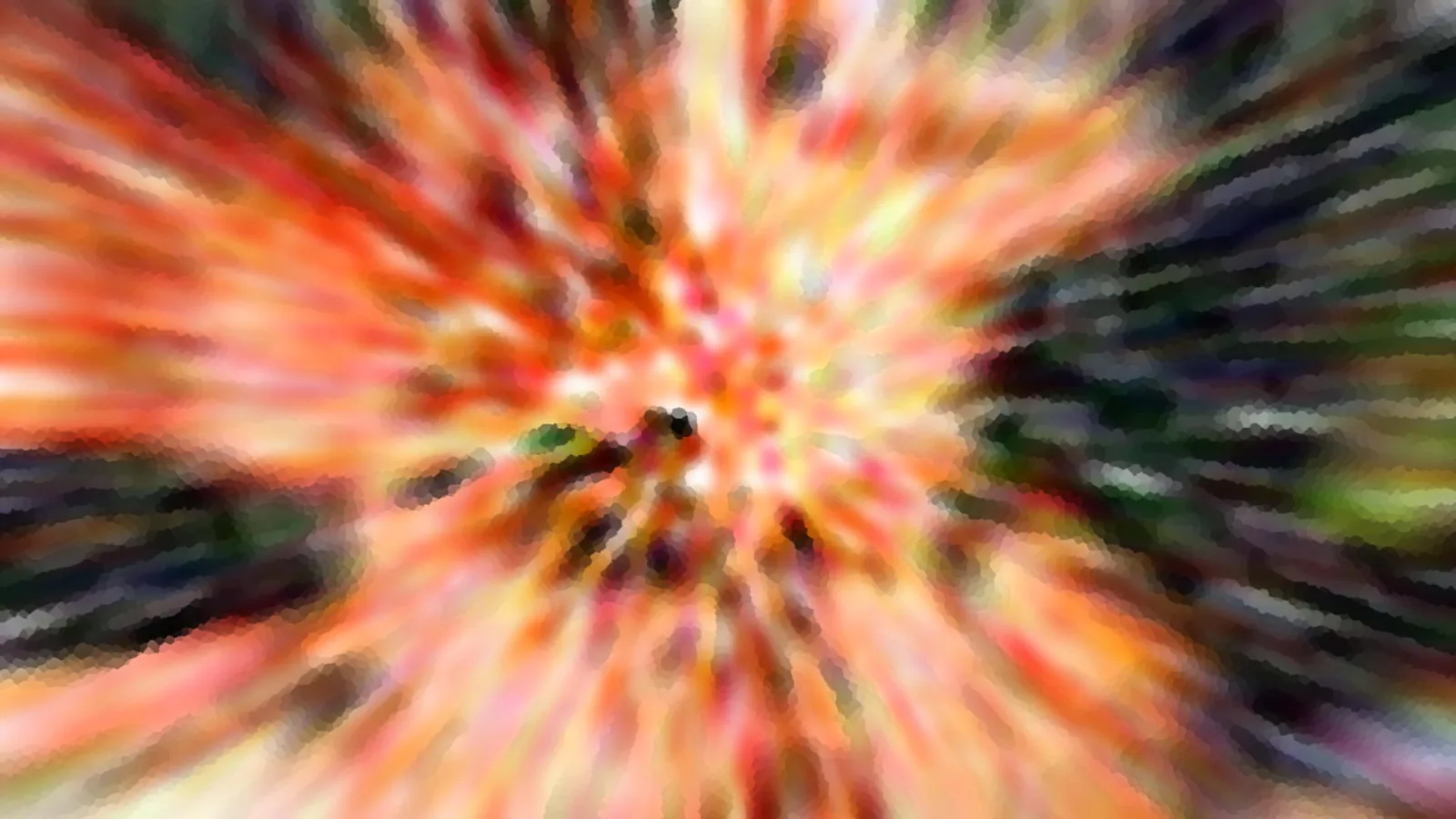 Abstraktes Bild mit radialen Farbstrahlen in Orange, Rot, Gelb und Grün, die von einem hellen Zentrum nach außen laufen und an den Rändern dunkler werden.