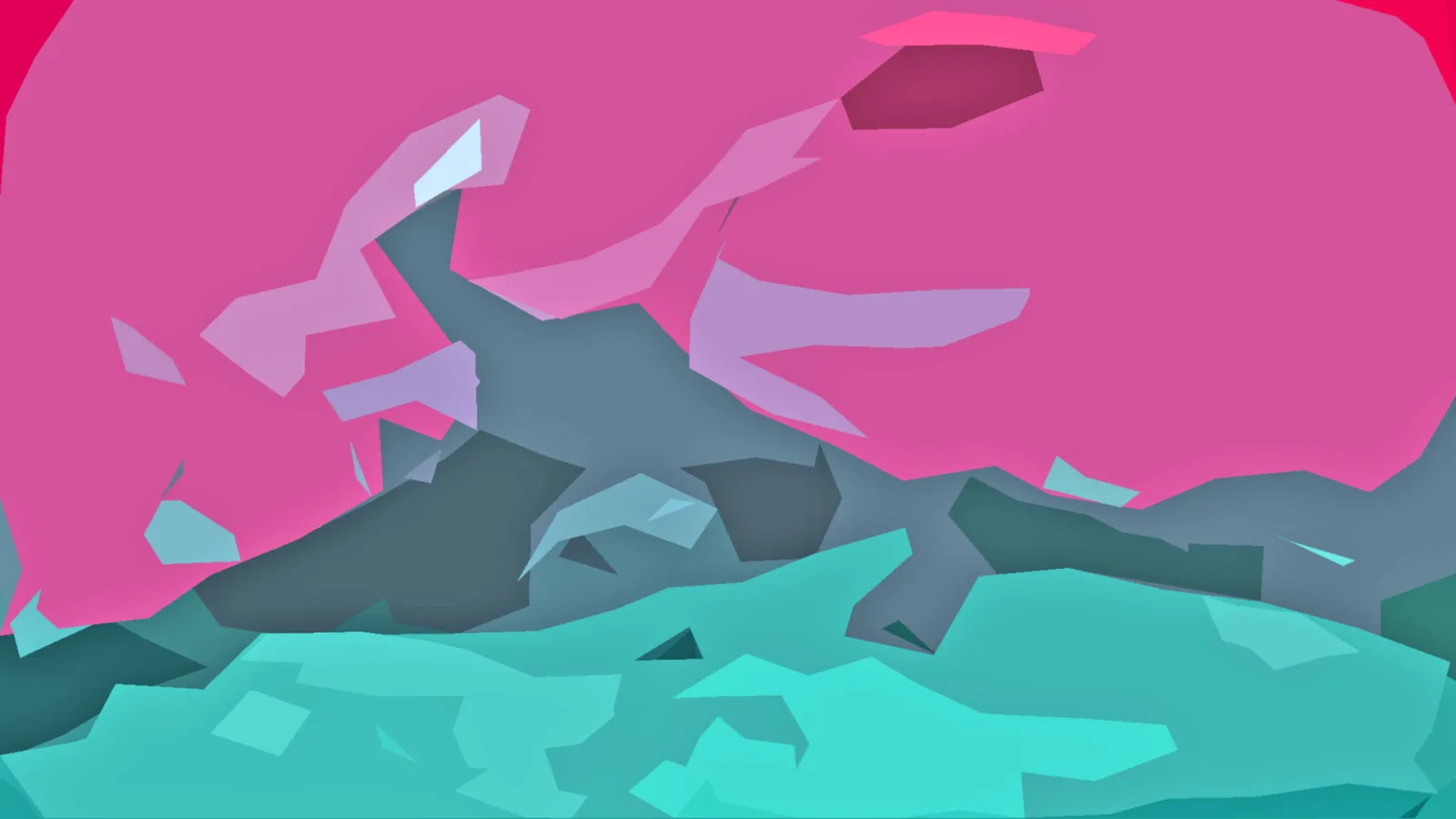Abstrakte Komposition aus flachen, facettierten Formen in Pink, Grau und Türkis.
