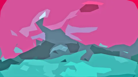 Abstrakte Komposition aus flachen, facettierten Formen in Pink, Grau und Türkis.