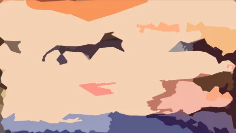 Abstrakte Komposition aus unregelmäßigen farbigen Flächen auf cremefarbenem Grund, in der Bildmitte eine dunkle, stilisierte Pferdesilhouette.