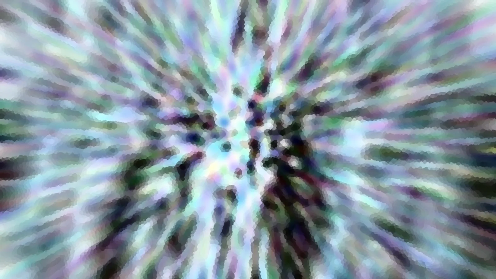 Abstraktes Bild mit bunten, von der Mitte nach außen strahlenden Streifen in Pastelltönen, in der Mitte dunkle Flecken