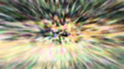 Abstrakte Komposition aus bunten Pastellfarben in Grün, Gelb und Rosa, die von einem dunklen Zentrum radial nach außen strahlt und mosaikartig gepixelt wirkt.