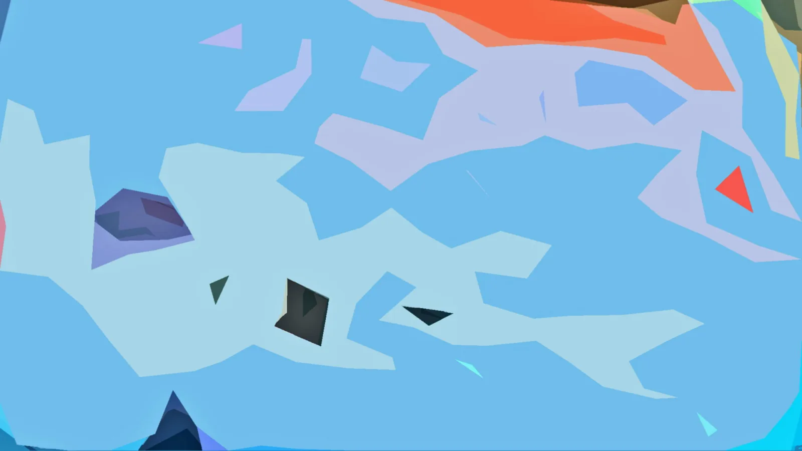 Abstrakte Komposition aus blauen, lavendelfarbenen und hellblauen Flächen mit dunklen Dreiecken und einem roten Dreieck rechts.