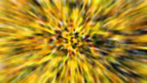 Abstraktes Bild mit gelben, grünen und orangefarbenen Streifen, die radial von einem Zentrum in der Mitte ausgehen.