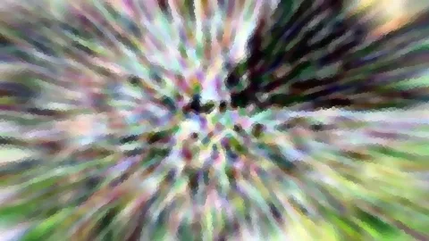 Abstrakte Komposition aus bunten, radial von der Mitte nach außen laufenden Streifen in Grün, Violett, Weiß und Schwarz, mosaikartig verpixelt.