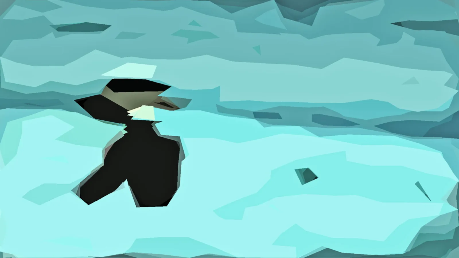 Abstrakte Low-Poly-Fläche in Türkis und Hellblau mit einer schwarzen, unregelmäßigen Form links der Mitte.