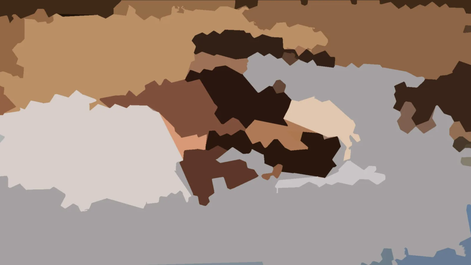 Abstraktes Muster aus unregelmäßigen, kantigen Flächen in Braun, Beige, Schwarzbraun und Grau, unten rechts ein Stück Blau.