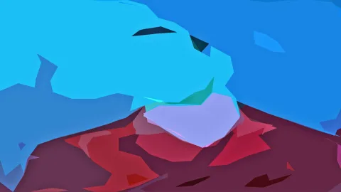 Abstrakte Komposition aus kantigen, flächigen Formen in Hellblau, Dunkelblau, Rot und Lavendel auf dunkelrotem Grund.