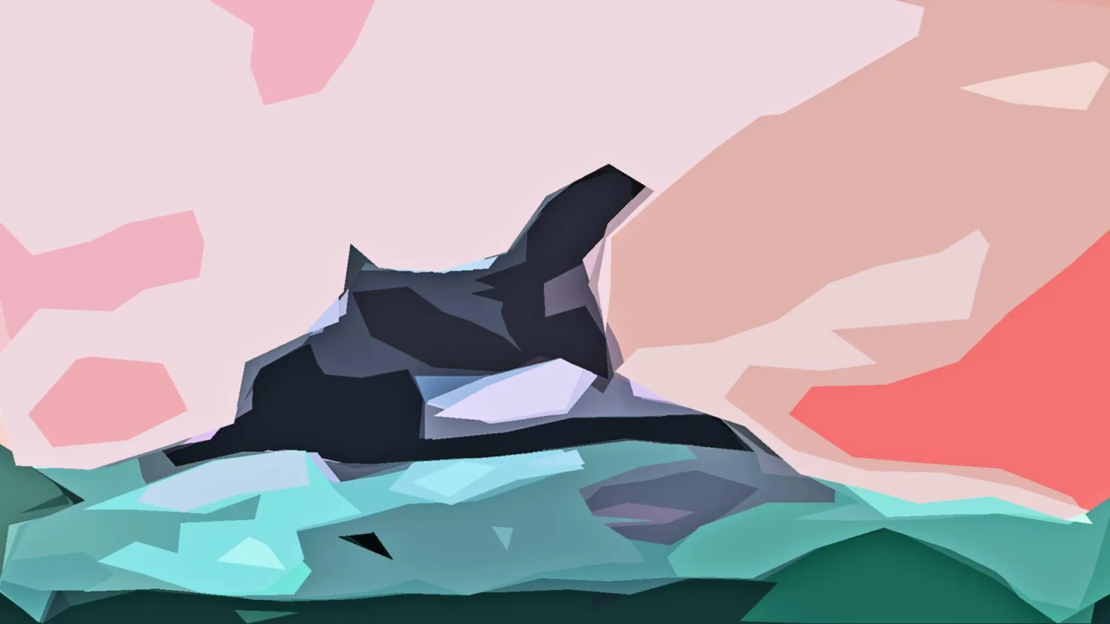 Kantige Low-Poly-Illustration: Eine dunkle, felsartige Form ragt auf einem türkisfarbenen Untergrund empor, dahinter ein rosa und apricotfarbener Himmel mit flächigen Formen.