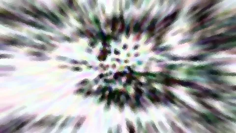 Abstrakte Komposition aus radial ausstrahlenden Schlieren in Weiß, Grün und Violett, mit dunklen Punkten im Zentrum.