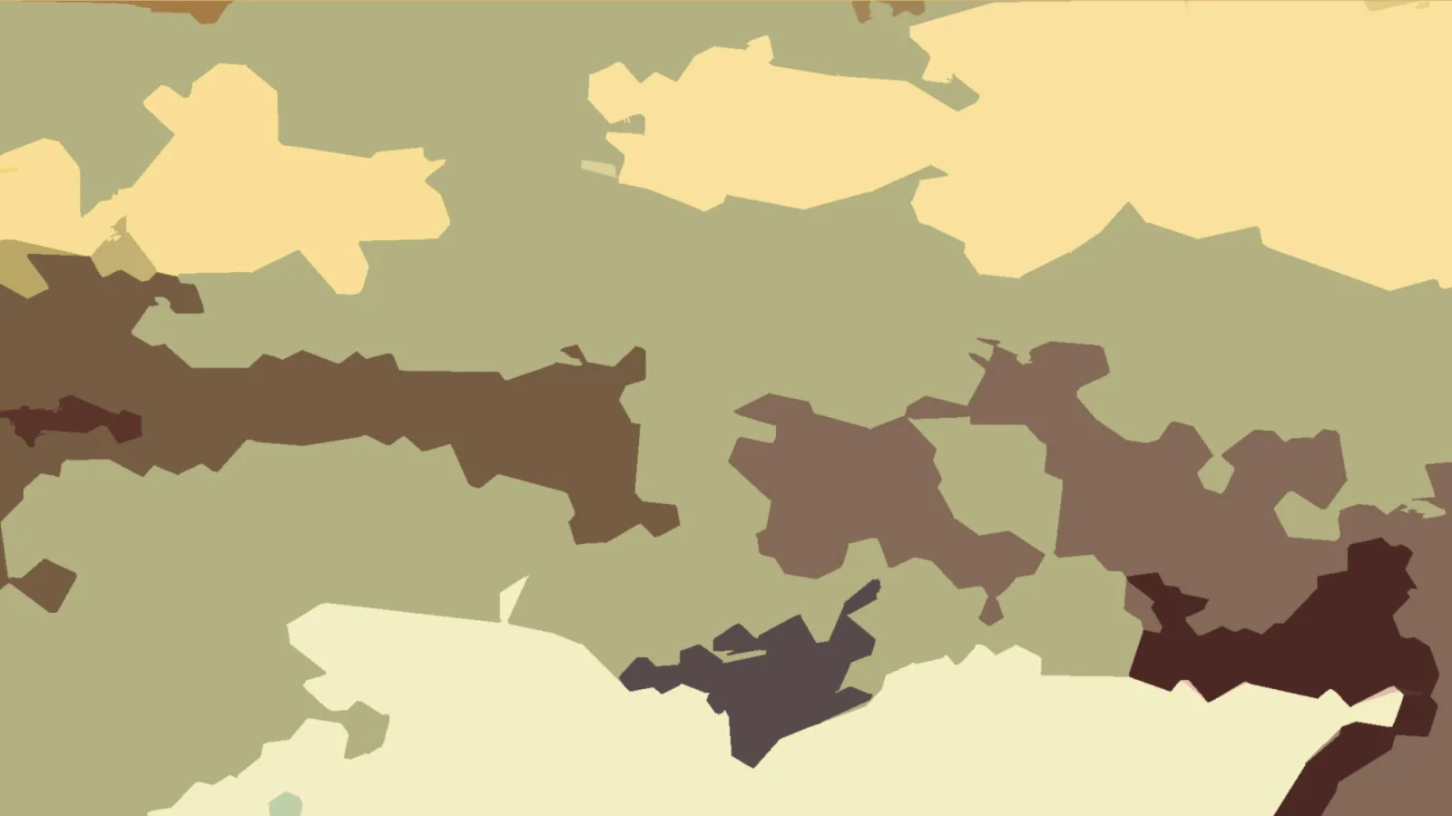 Abstrakte Komposition aus unregelmäßigen Flächen in Olivgrün, Ocker, Beige, Braun und Dunkelviolett.