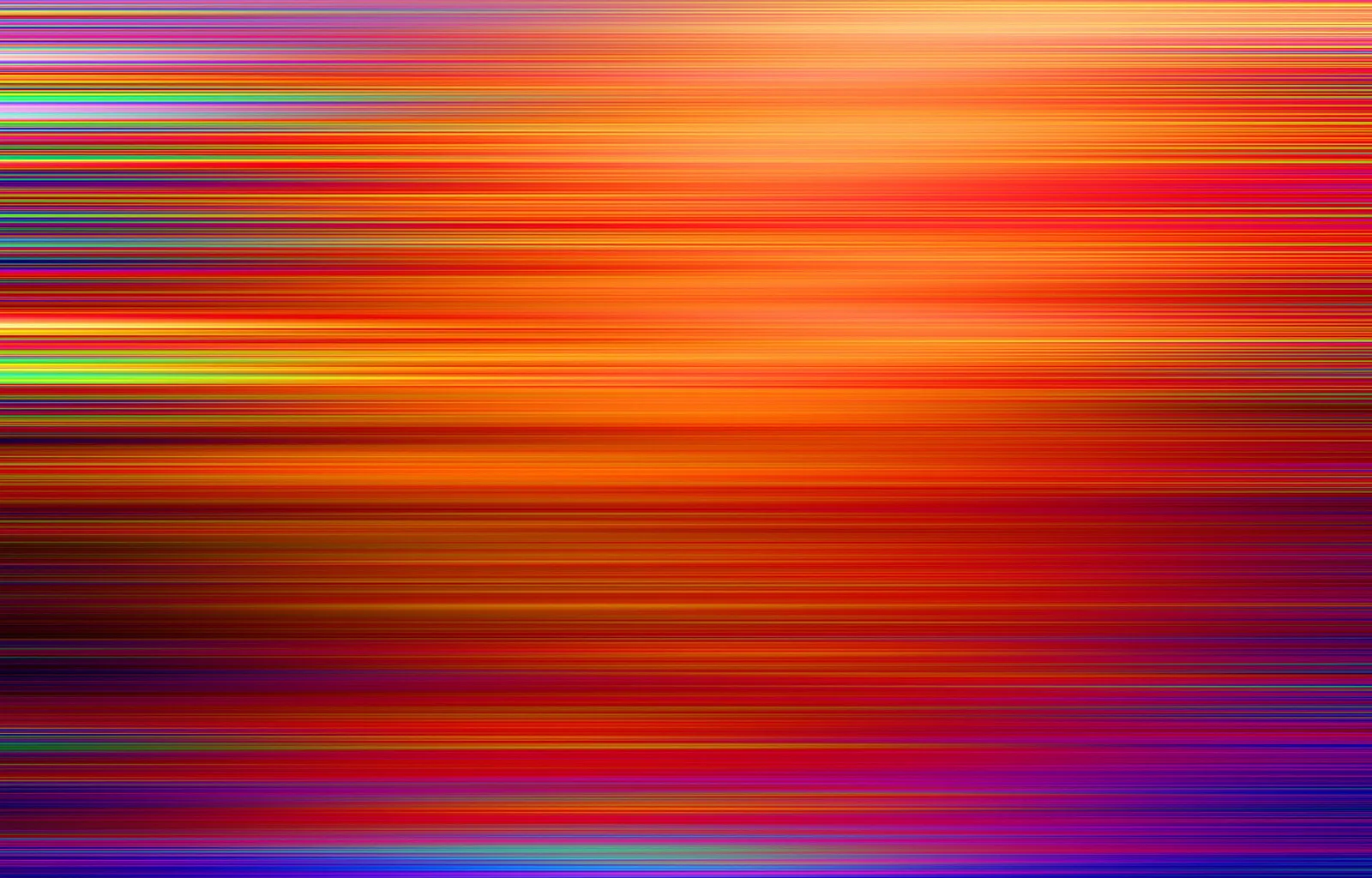 Abstraktes Muster aus horizontalen, verwischten Streifen in Orange, Rot, Violett und Gelb mit einzelnen grünen Akzenten.