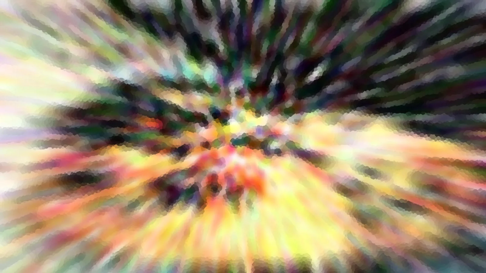 Abstrakte Komposition aus bunten Farbstrahlen, die von einer hellen Mitte radial nach außen laufen, in Gelb, Rot, Grün und Schwarz, mit pixeliger Struktur.