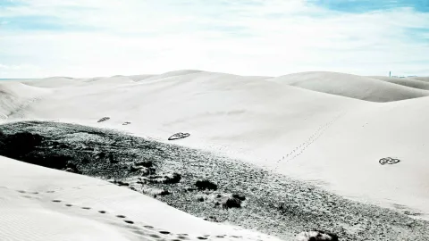 Helle Sanddünen mit Fußspuren und dunklen Grasbüscheln unter bewölktem Himmel, fast monochrom mit leichtem Blaustich.