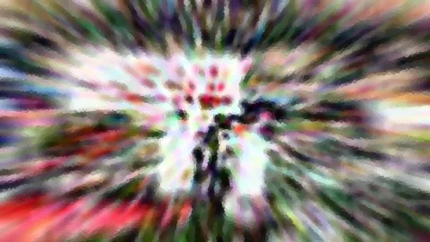 Abstrakte, bunte Komposition mit farbigen Streifen, die von einer hellen Mitte radial nach außen laufen, und mosaikartiger Struktur.