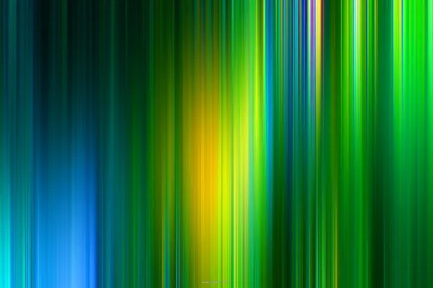 Abstrakte Komposition aus dicht nebeneinanderliegenden, vertikalen Streifen in Grün, Blau und Gelb, die in der Mitte in einem goldgelben Lichtband zusammenlaufen.