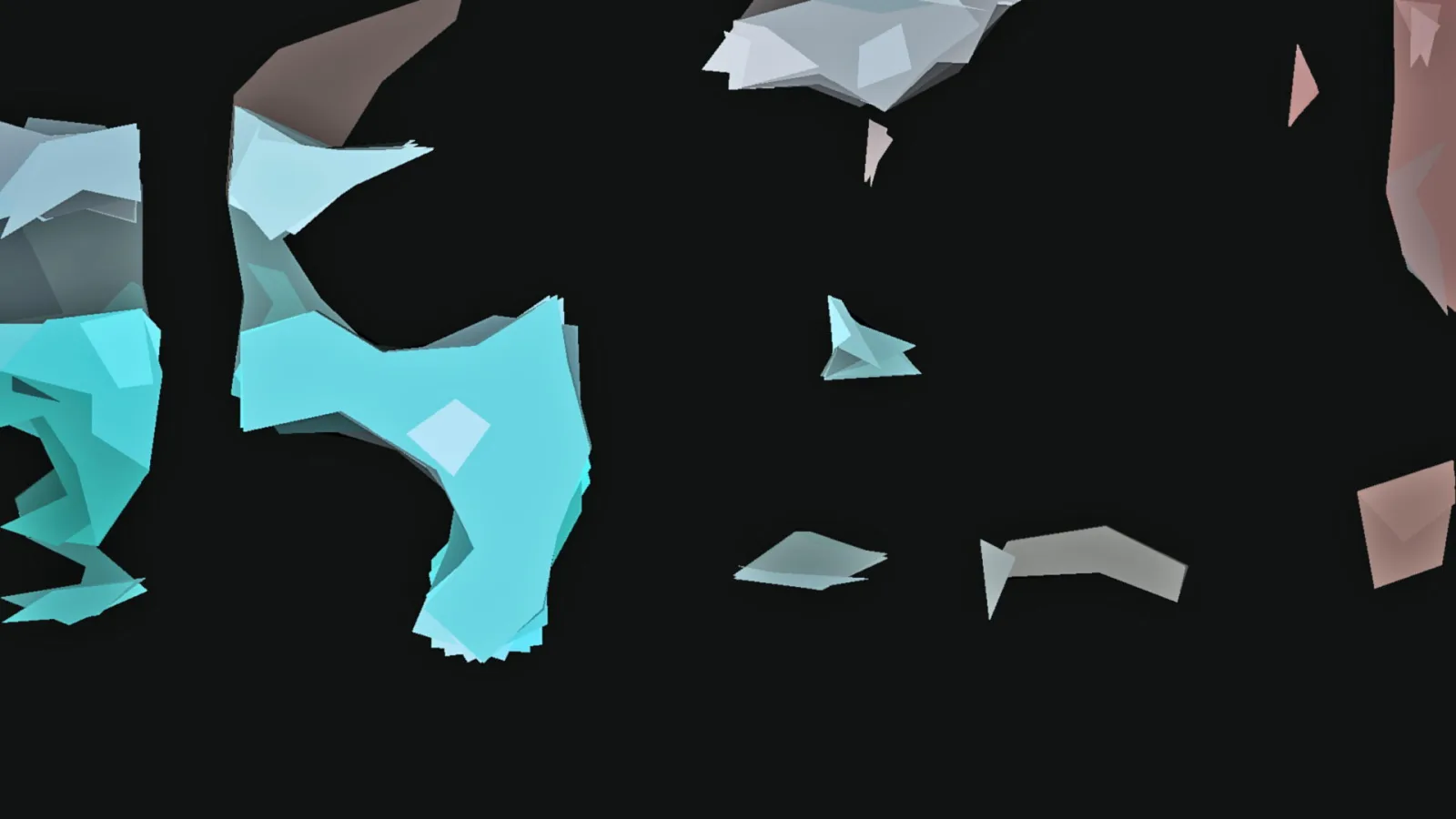 Schwarzer Hintergrund mit schwebenden, kantigen Formen in Cyan, Grau, Braun und Rosa