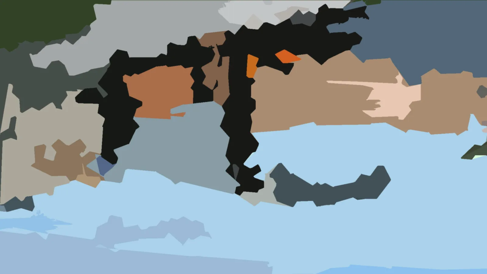 Abstrakte Komposition aus schwarzen, braunen und hellblauen Farbflächen mit einzelnen orangefarbenen Akzenten.