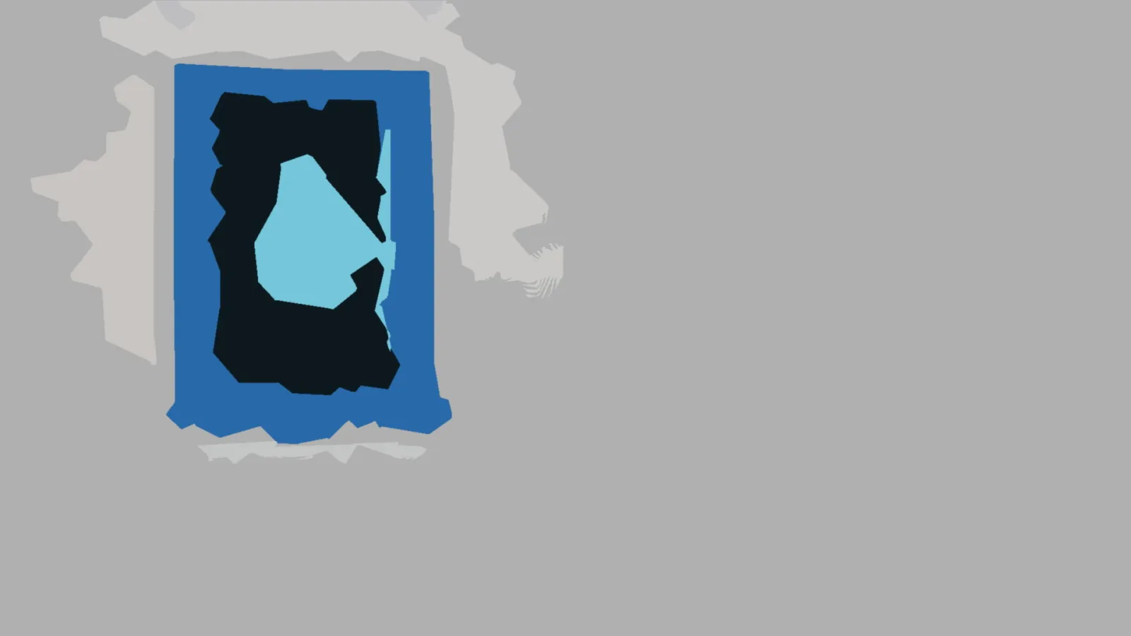 Abstrakte Komposition mit einem blauen Rechteck, darin eine schwarze und eine hellblaue Form auf grauem Grund.
