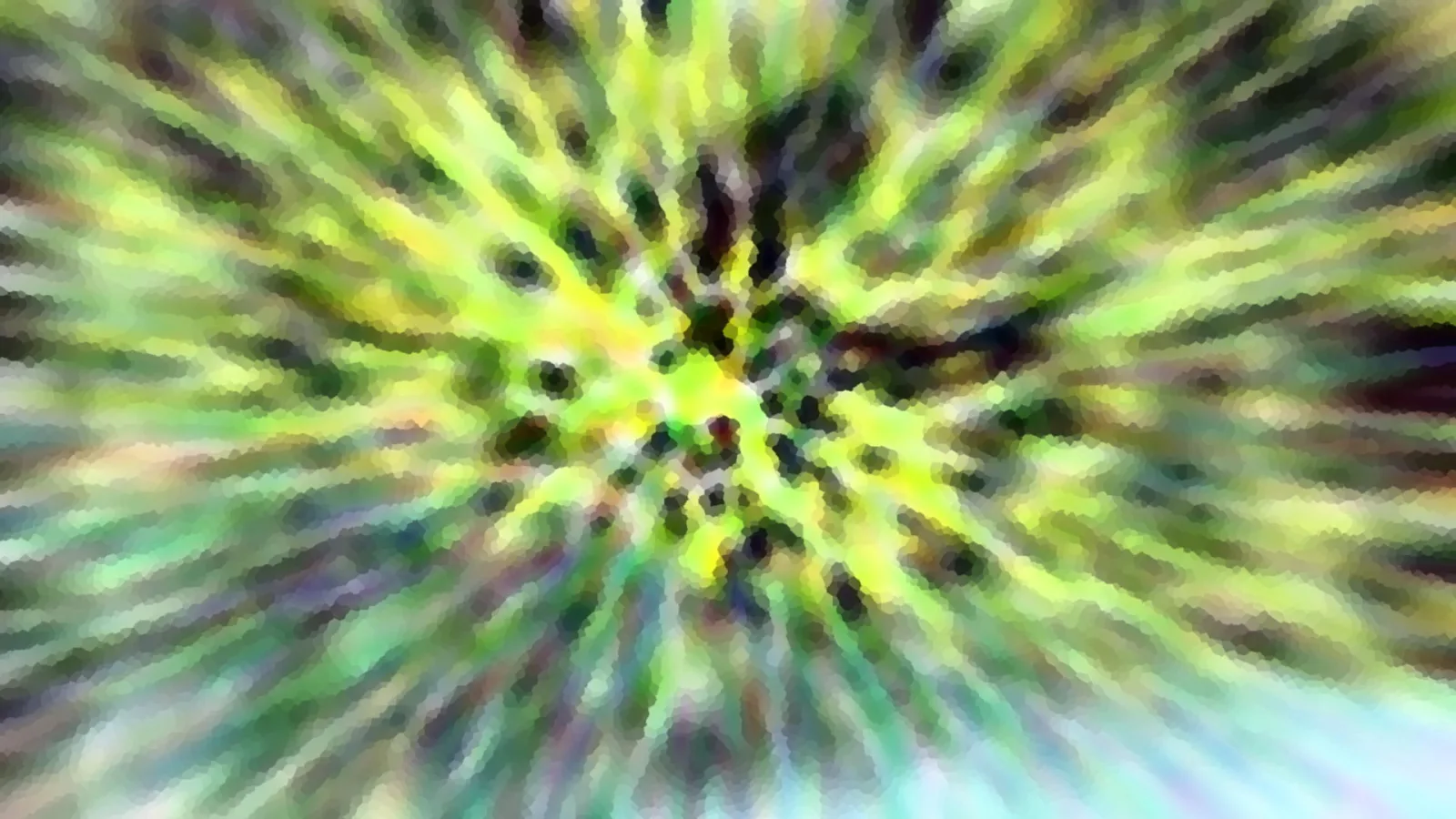 Abstrakte Komposition aus grünen und gelben Farbstreifen, die von einem dunklen Zentrum radial nach außen laufen, mosaikartig verpixelt und unscharf.