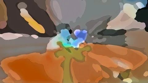 Abstrakte digitale Malerei mit orangefarbenen Flächen, einem olivgrünen baumartigen Motiv in der Mitte und leuchtend blauen Lichtflecken auf grauem Grund.