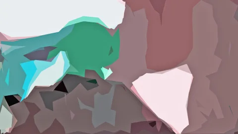 Abstrakte Komposition aus pastellfarbenen Dreiecken und Facetten in Mint, Grün, Rosa und Weiß.