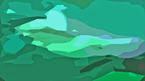 Abstrakte Komposition aus kantigen, sich überlagernden Flächen in Grün, Mint und Türkis, dazwischen einzelne blaugraue Akzente.
