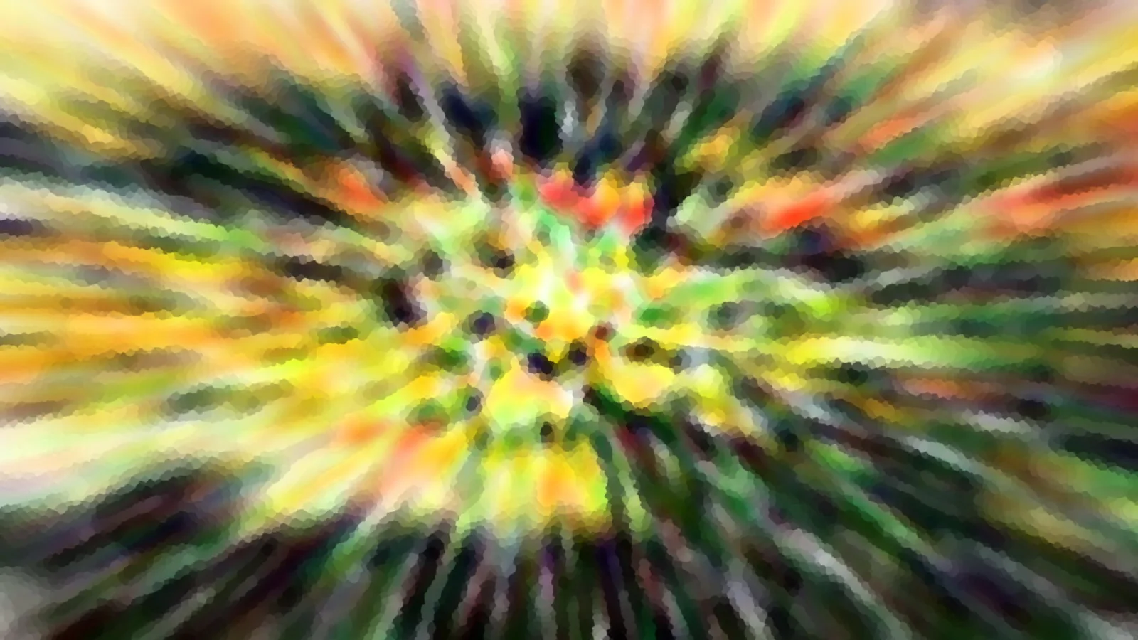 Abstrakte Komposition aus gelben, grünen, orangefarbenen und dunklen Streifen, die vom Zentrum nach außen strahlen, mosaikartig grob gepixelt.