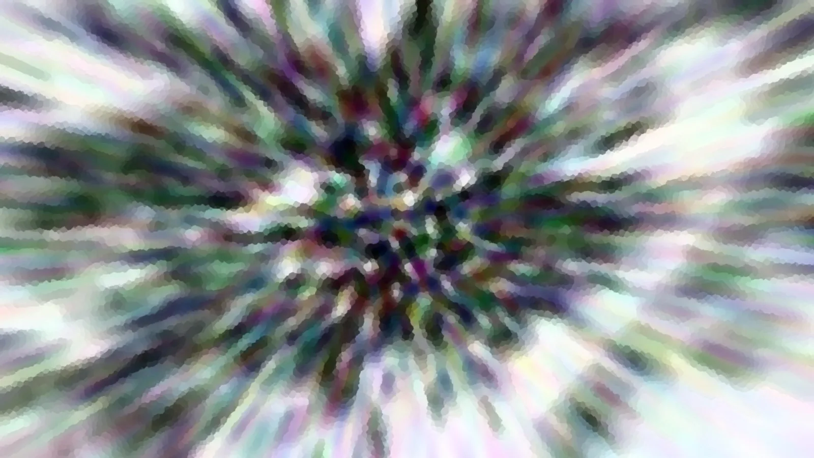 Abstraktes Bild mit radial von der Mitte nach außen laufenden, verwischten Streifen in Grün, Violett, Weiß und Dunkelblau, die an eine Explosion oder einen Zoom erinnern.