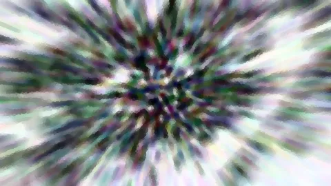 Abstraktes Bild mit radial von der Mitte nach außen laufenden, verwischten Streifen in Grün, Violett, Weiß und Dunkelblau, die an eine Explosion oder einen Zoom erinnern.