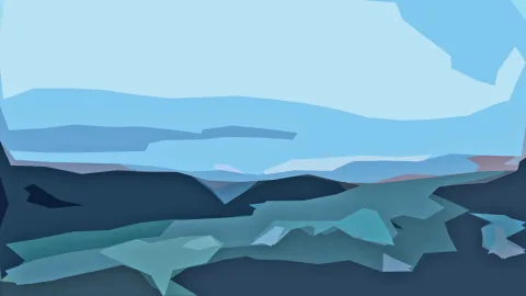 Abstrakte Landschaft aus flächigen Polygonen: oben ein hellblauer Himmel, darunter bläuliche Hügel und dunkle, türkisfarbene Vordergrundformen.